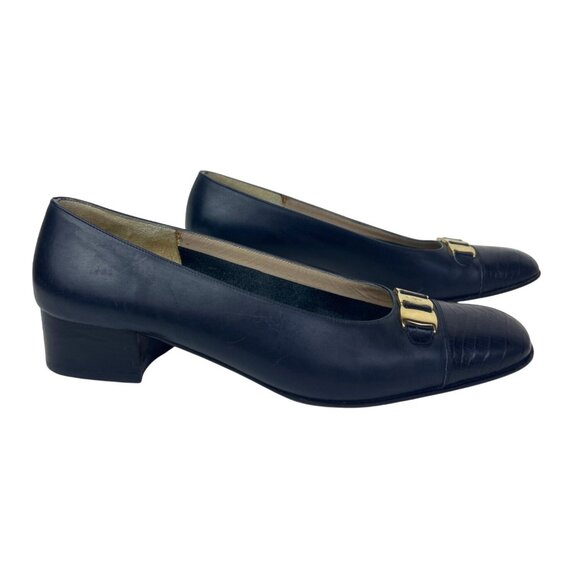 Salvatore Ferragamo Women’s 9.5B  Leather Pumps Croc Embossed Square Toe Gold - Picture 2 of 14